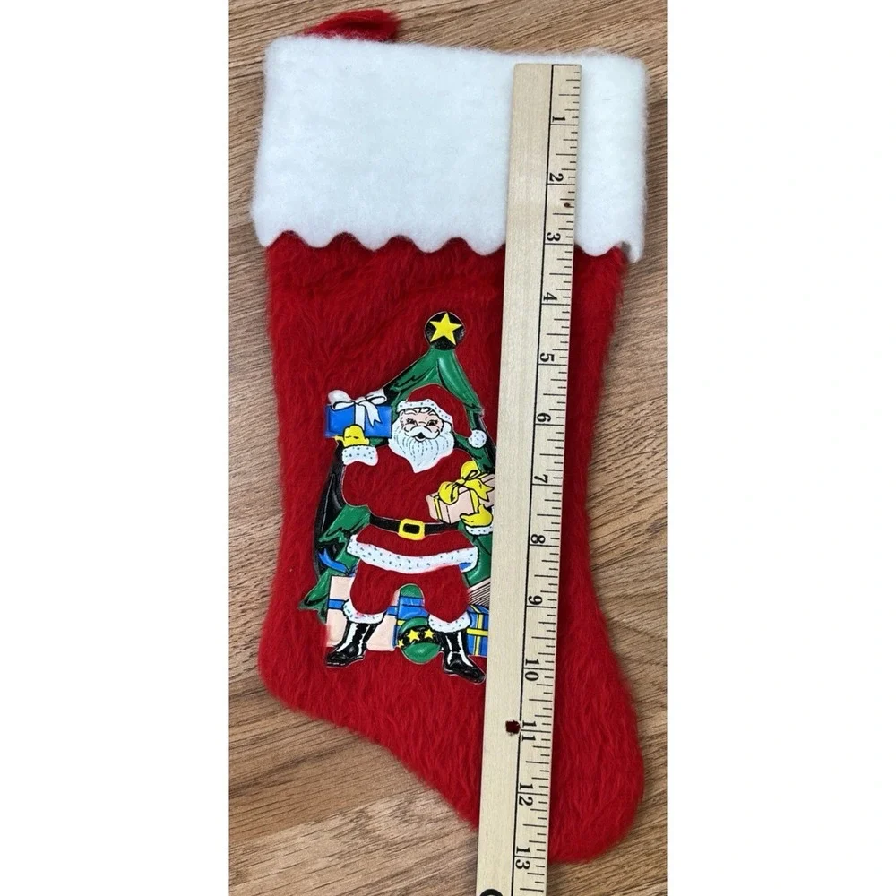 Vintage MCM Christmas Stocking Red with Puffy Plastic Santa Patch